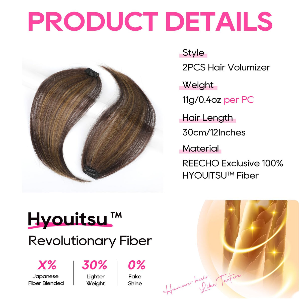 REECHO clip-in volume 12in side view showing lightweight, secure fit for all day wear.