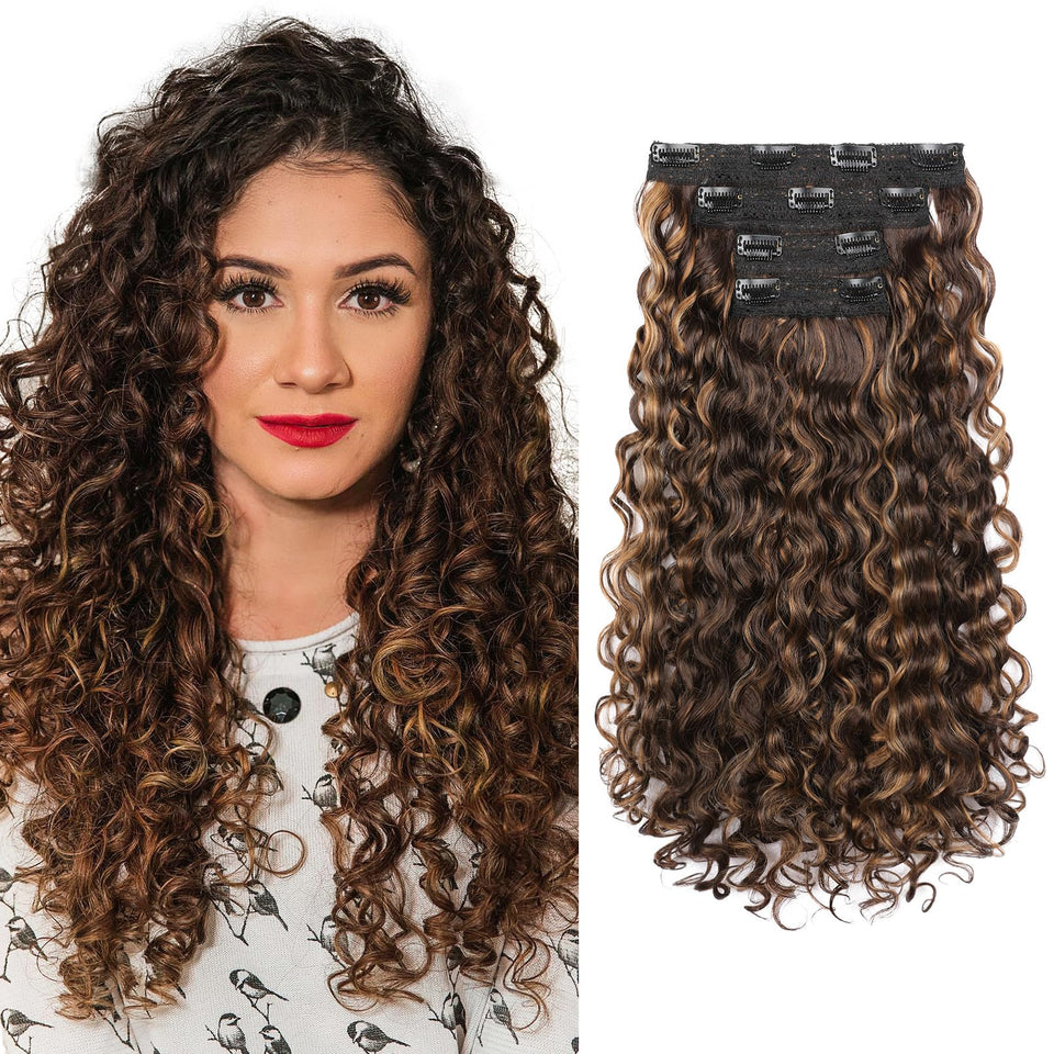 REECHO GoGo Curly extensions 18-inch chocolate brown with golden highlights boost natural volume.