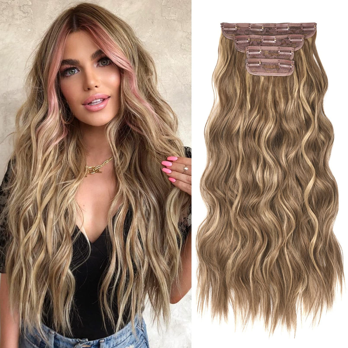 REECHO HE001 clip-in extensions in natural light brown with blonde highlights for instant volume