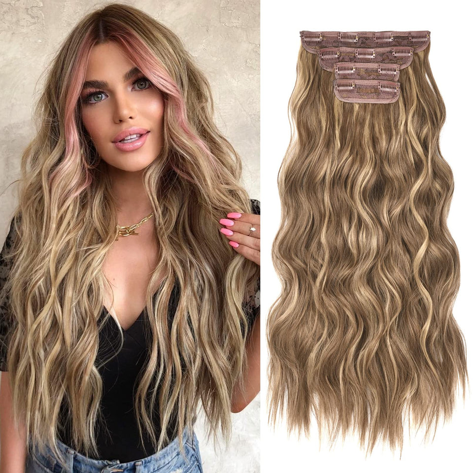 REECHO HE001 clip-in extensions in natural light brown with blonde highlights for instant volume