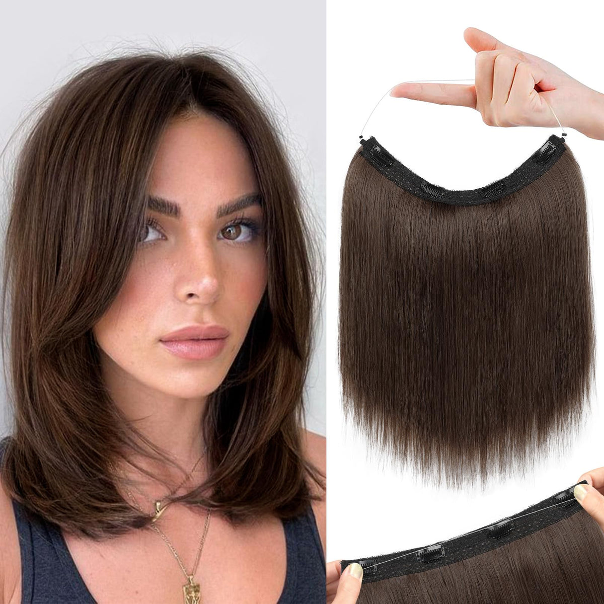 REECHO invisible wire extensions worn on the head for seamless length and volume.