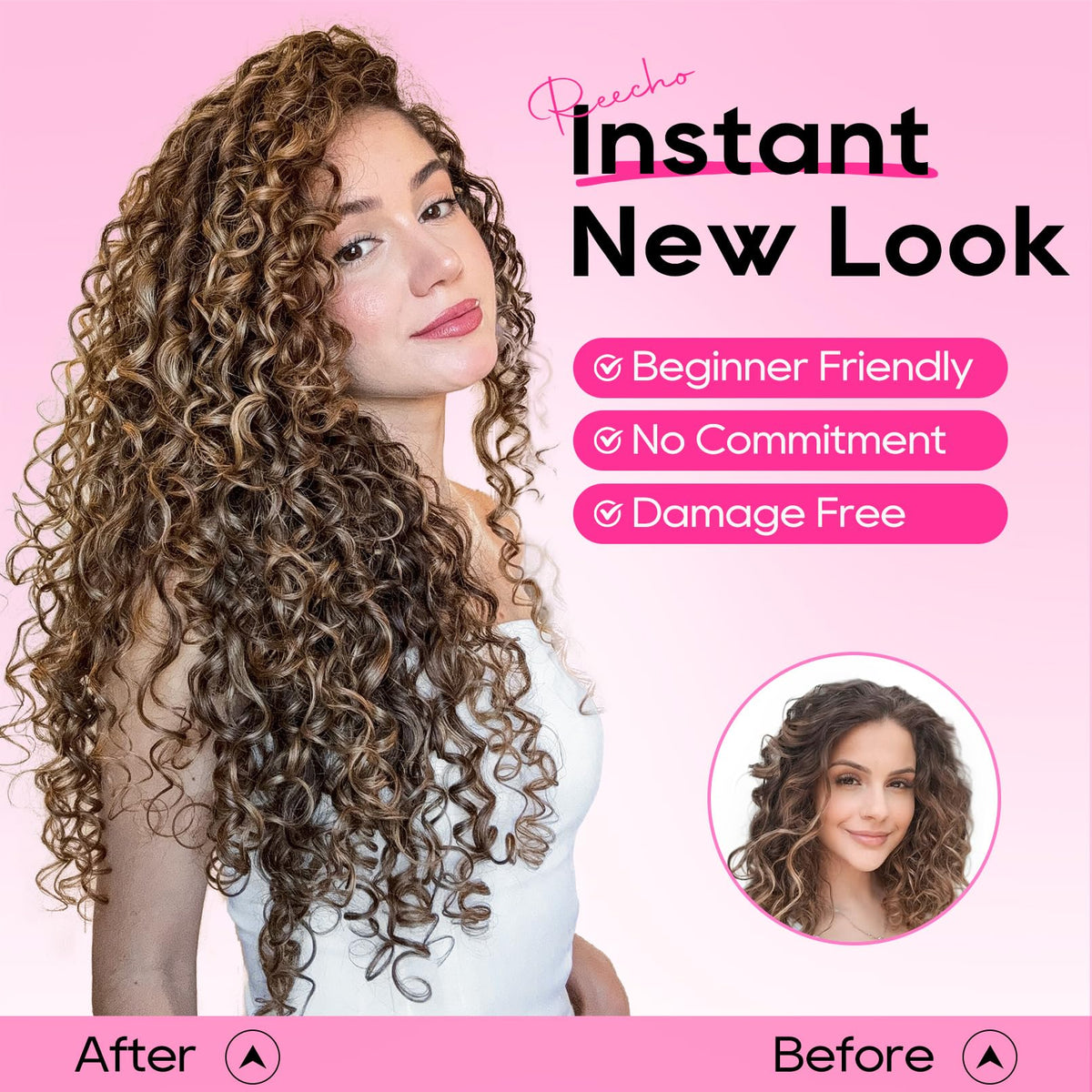 REECHO Silky soft curly hair extensions with luxurious texture and flow.