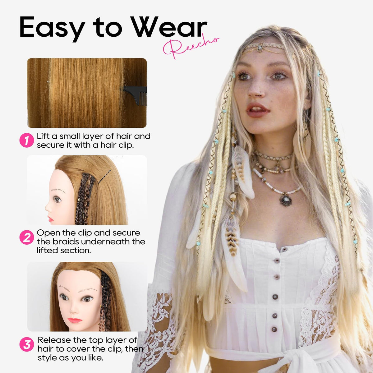REECHO boho clip-in braids transform styles without traditional braiding