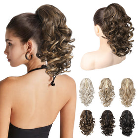 REECHO 12-inch ponytail extension in chocolate brown with highlights adds natural depth and volume.