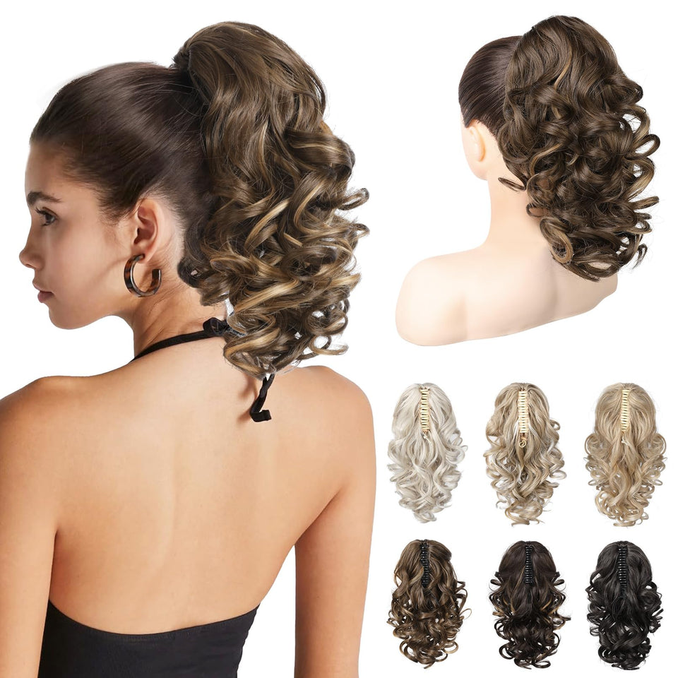 REECHO 12-inch ponytail extension in chocolate brown with highlights adds natural depth and volume.