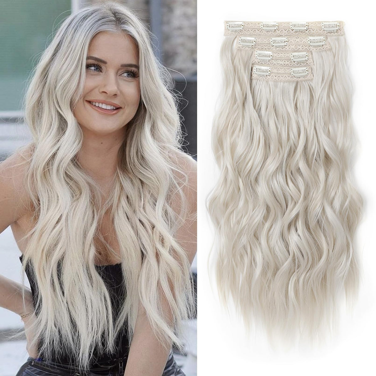 REECHO platinum blonde clip-in extensions offer instant volume and length for a beachy look