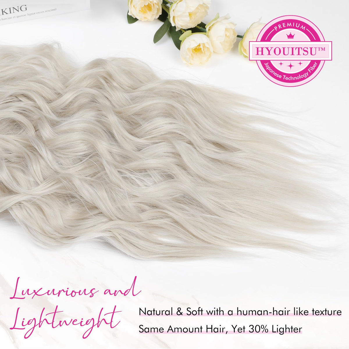Four-weft REECHO platinum blonde extensions arranged for versatile placement and natural fullness