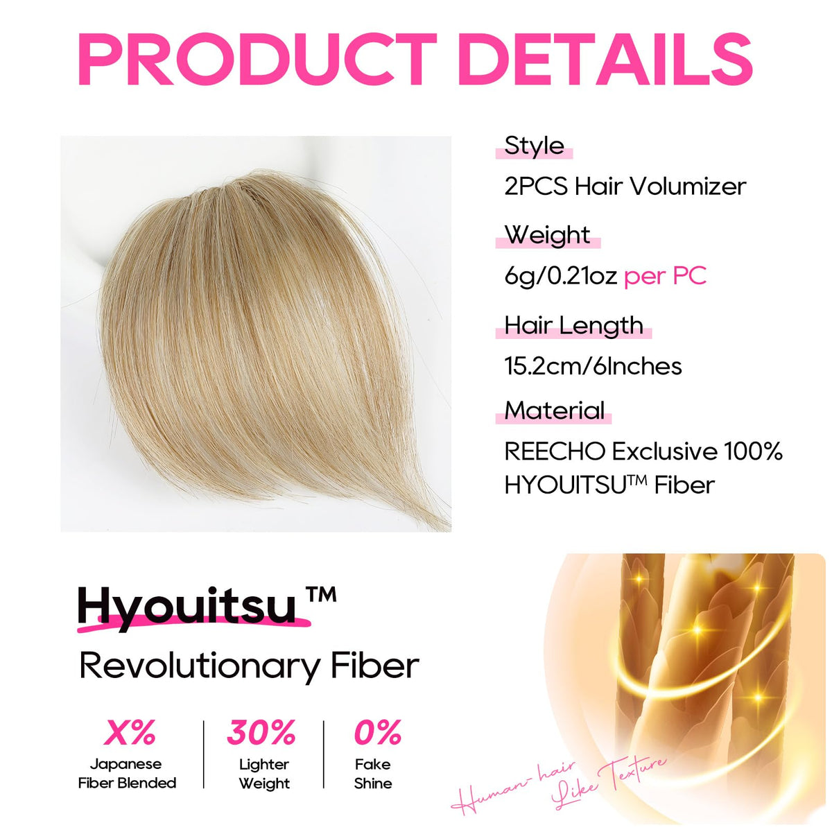 REECHO clip-in volumizer side view blends with natural hair for volume