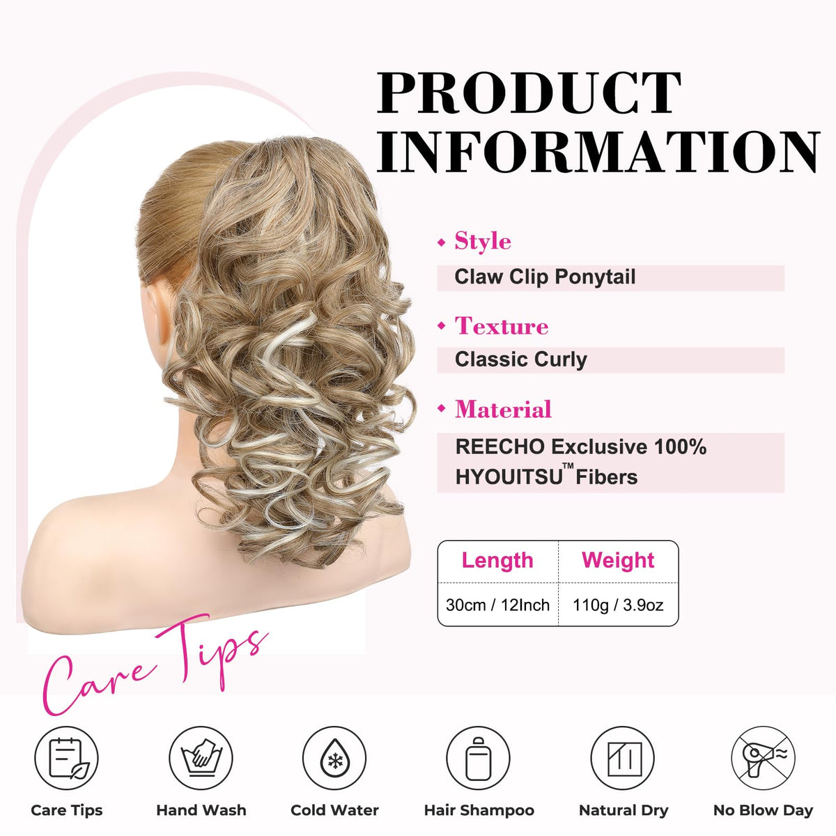 REECHO clip-in ponytail closeup shows secure claw clip for fine hair.