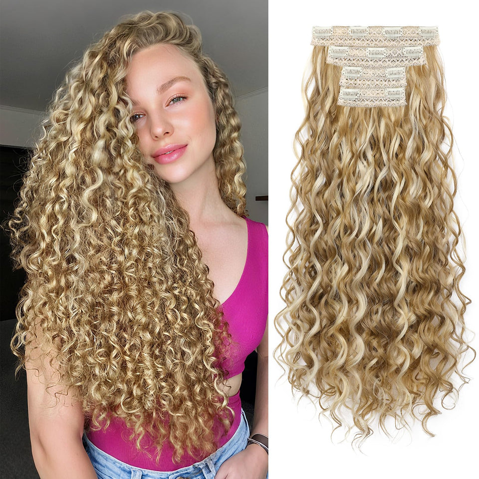 REECHO curly clip-in extensions show 24-inch length for dramatic curls and volume.