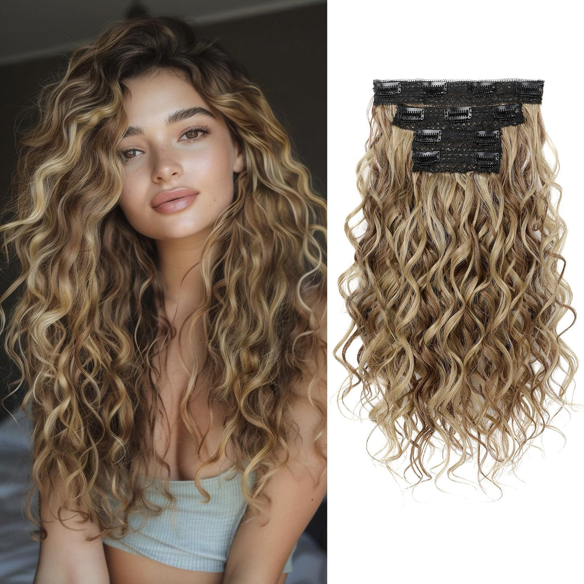 REECHO Curly Extensions clip-in set 4pcs 16 inches for instant volume