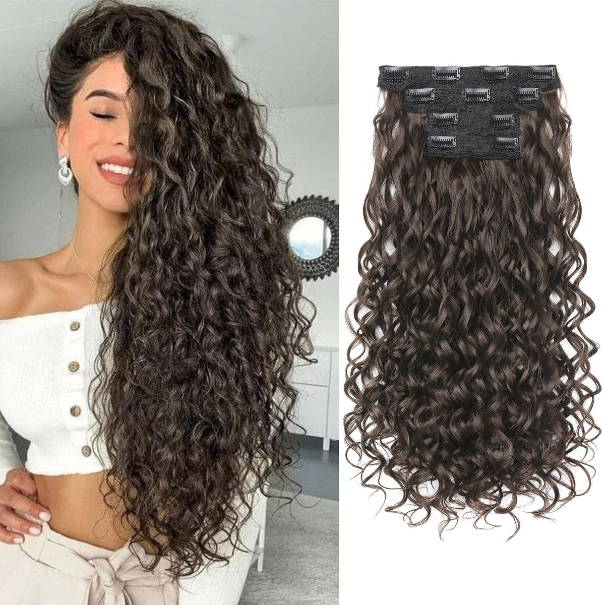 REECHO curly clip-in wefts for seamless attachment and natural-looking volume.