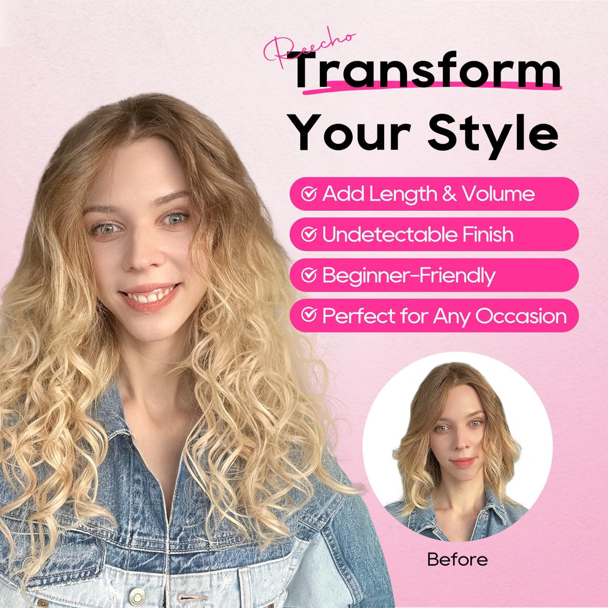 REECHO soft vegan fiber creates smooth, low-shine curls.
