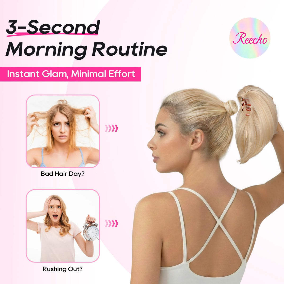 Feather-light ponytail maintains lift throughout the day.