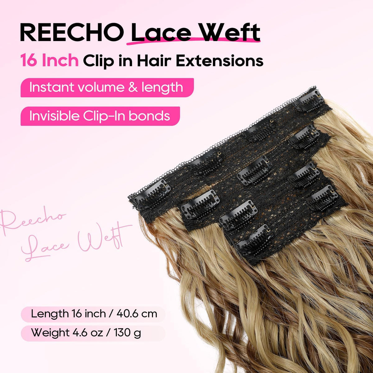 REECHO lace-weft close-up clip-ins showing seamless base and natural curl