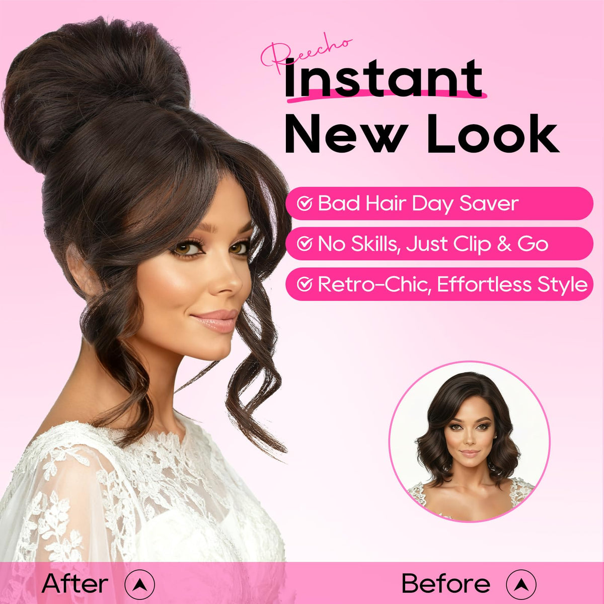 REECHO Lightweight vegan-fiber hair black, comfortable day-long wear.
