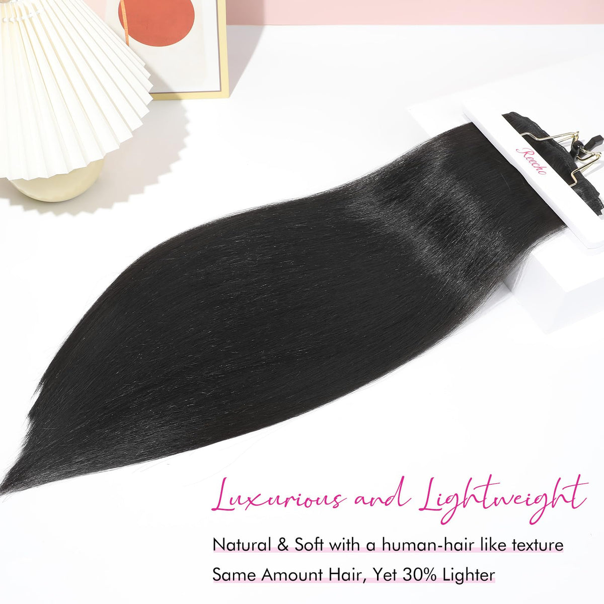 REECHO long straight synthetic extensions create sleek, seamless blend.