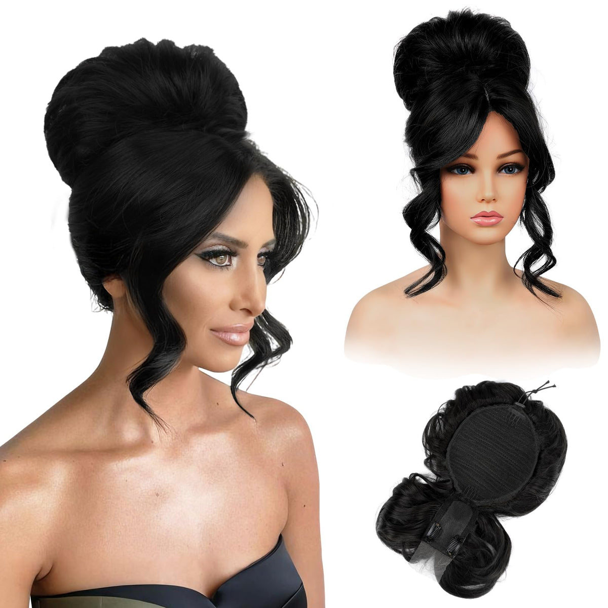 REECHO Messy Bun with Bangs drawstring black, quick secure updo for daily wear.