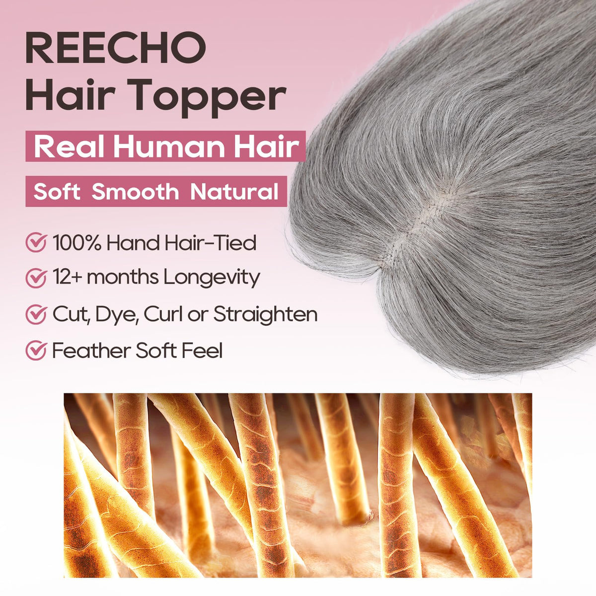 REECHO thinning coverage topper demonstrates instant volume and scalp concealment.