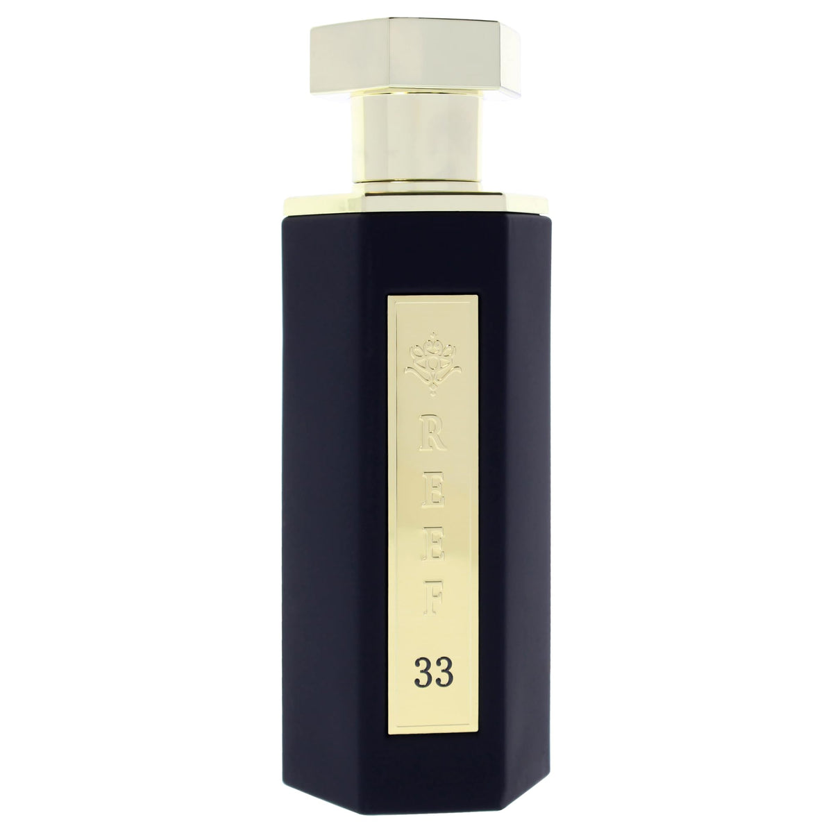 Reef No-33 EDP bottle side view, sleek design and comfortable grip.