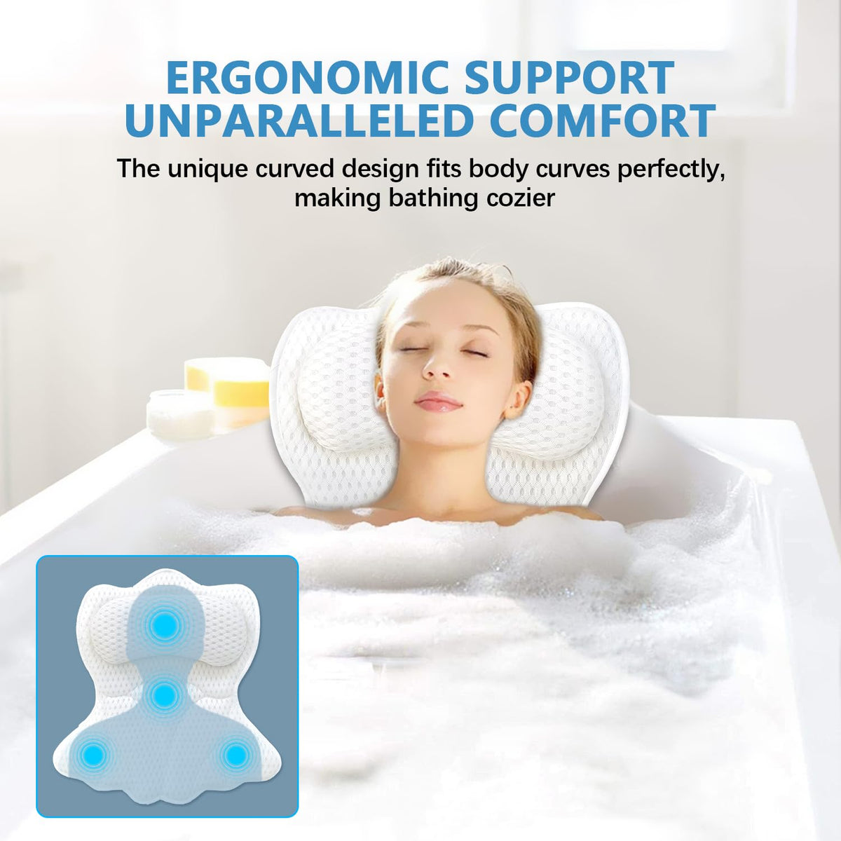 REEZEIVI 4D mesh fabric bath pillow stays breathable while you soak.