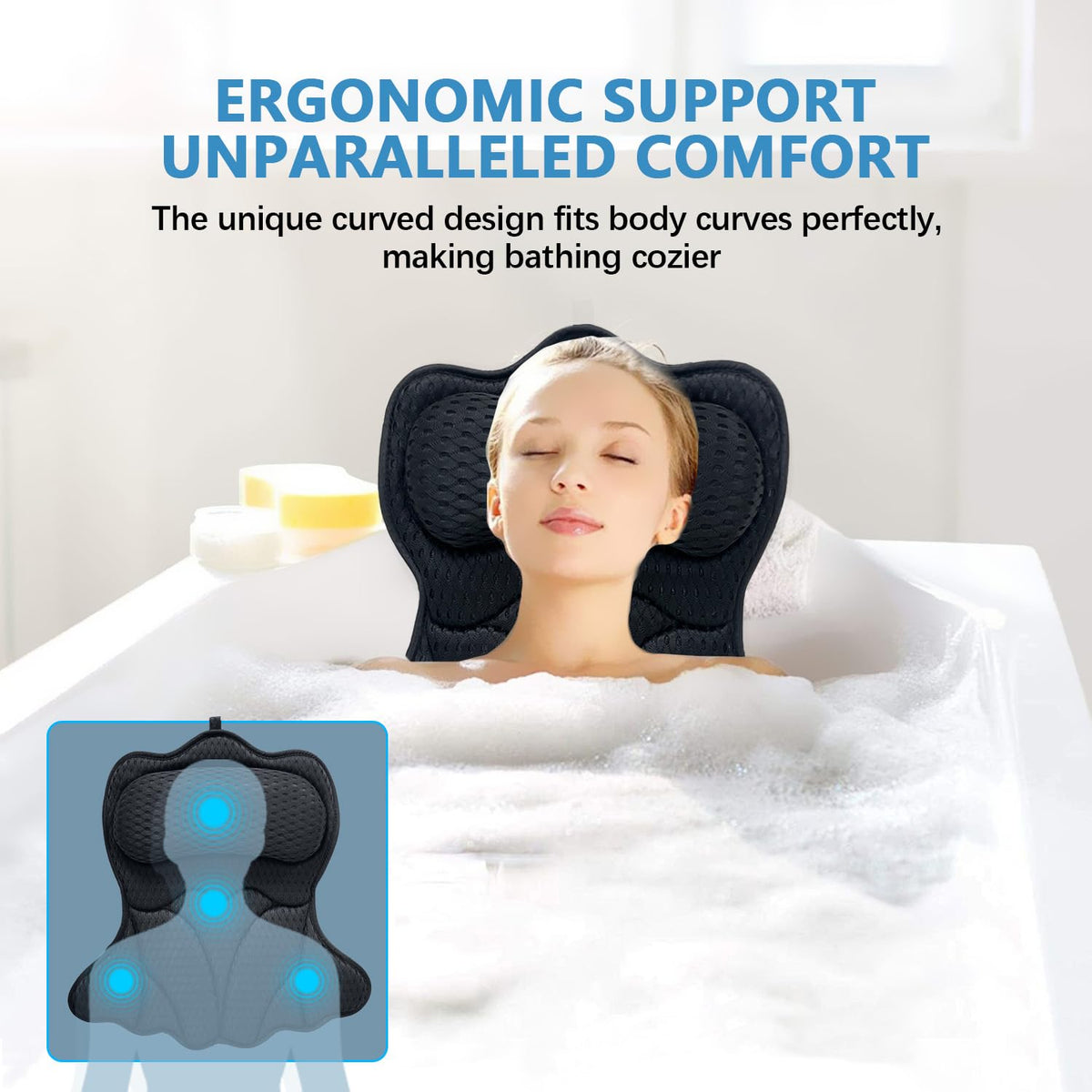 REEZEIVI bath pillow 4D mesh fabric offers breathable comfort and quick drying after baths.