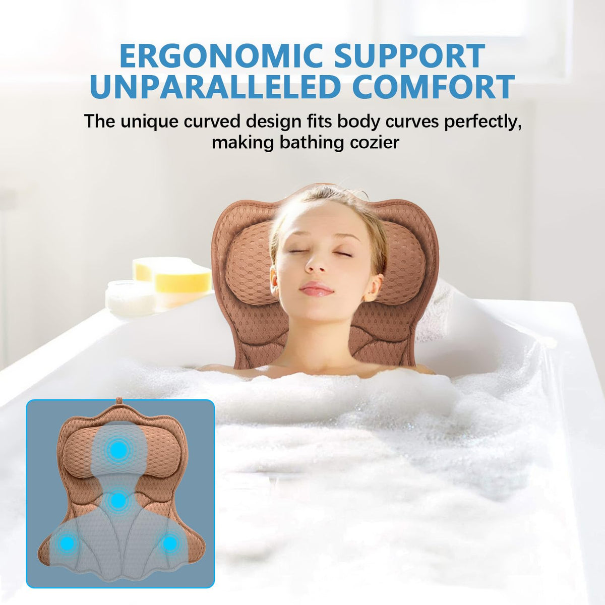 REEZEIVI bath pillow back support contouring to the torso for comfort