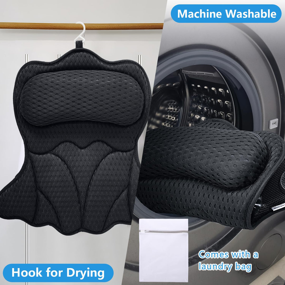 REEZEIVI bath pillow back support enhances comfort while reclining in the tub.
