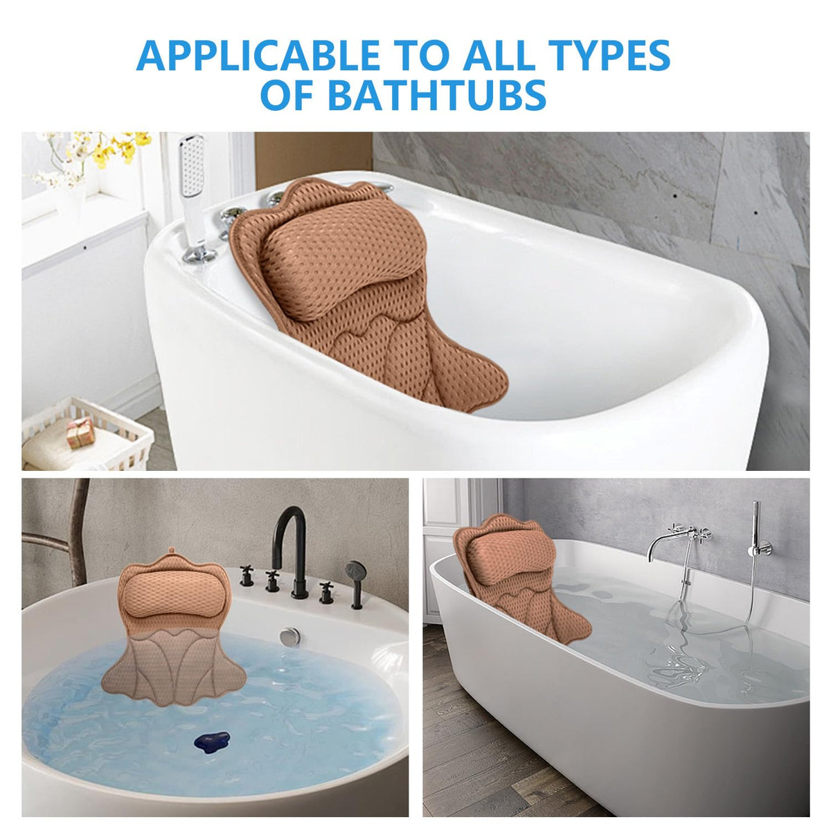 REEZEIVI bath pillow in-use demonstrates neck and back comfort during bath time