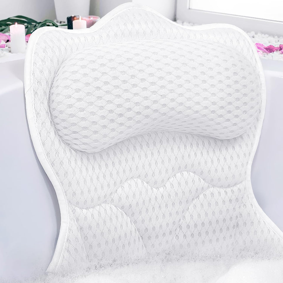 REEZEIVI bath pillow with six suction cups secures position for neck comfort.