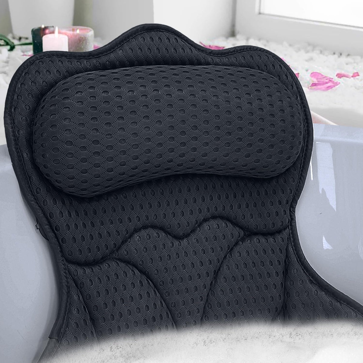 REEZEIVI bath pillow with six suction cups for secure, steady lounging on tub surfaces.