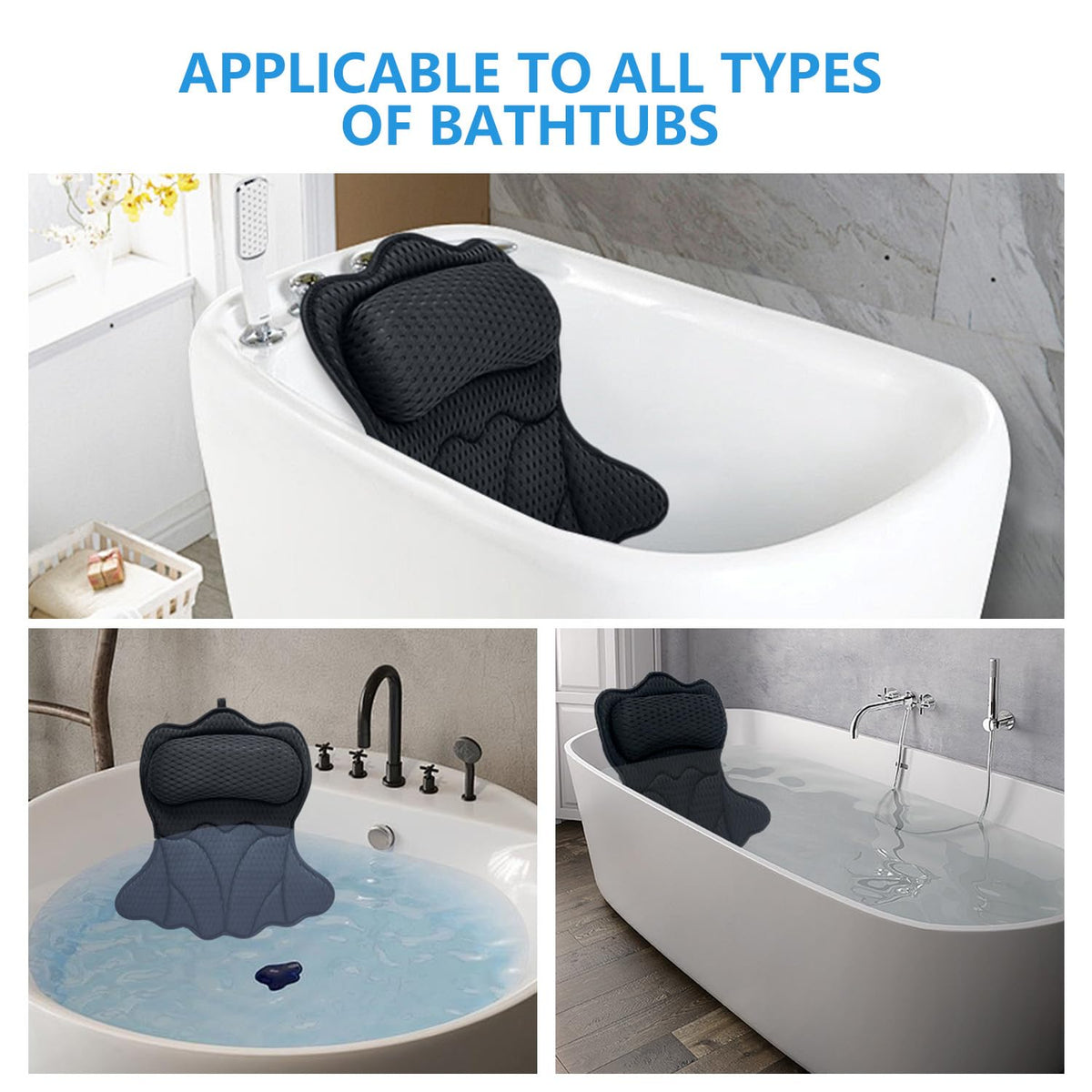 REEZEIVI universal-fit bath pillow works with most tubs for versatile use.
