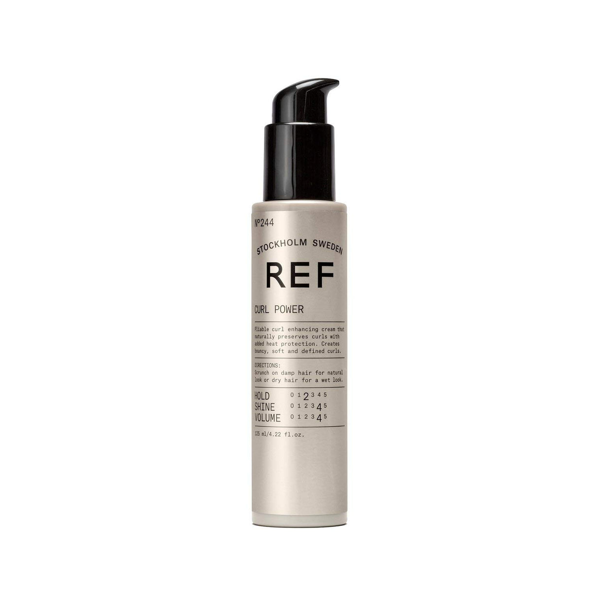 REF 244 Curl Power 125ml bottle for controlled, reinforced curls with color-preserving vegan formula.
