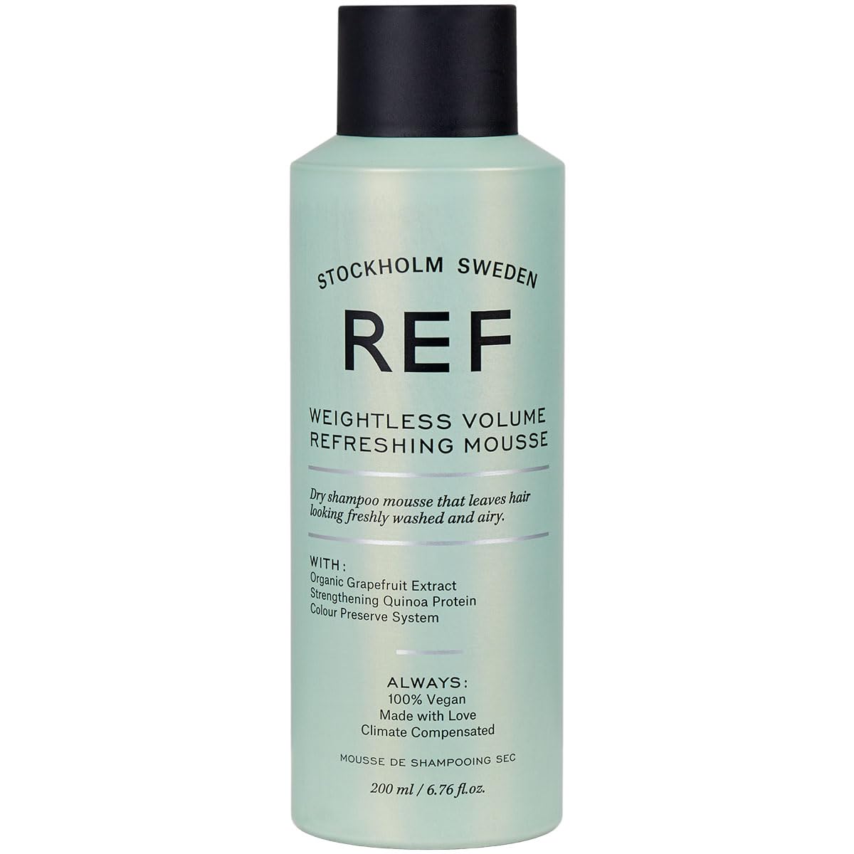 REF Weightless Volume Mousse bottle highlighting lightweight formula for oil absorption and refreshed roots.