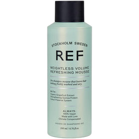 REF Weightless Volume Mousse bottle highlighting lightweight formula for oil absorption and refreshed roots.