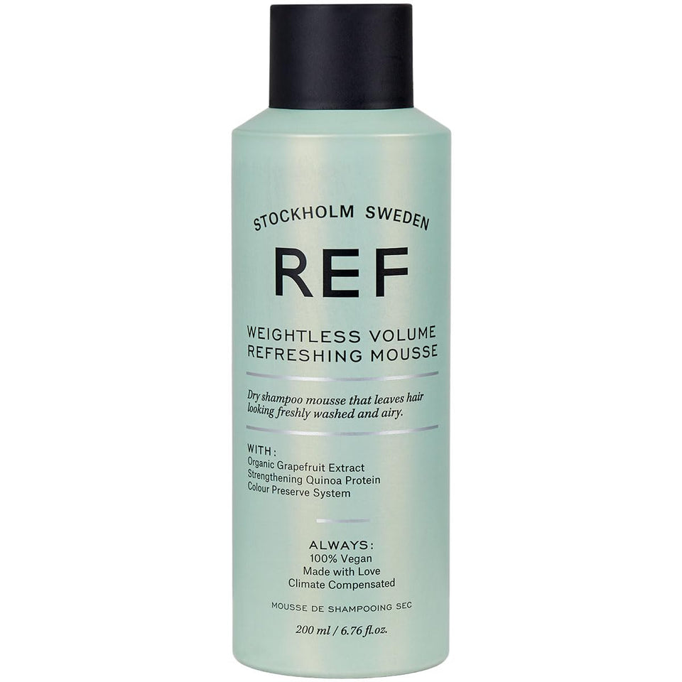 REF Weightless Volume Mousse bottle highlighting lightweight formula for oil absorption and refreshed roots.