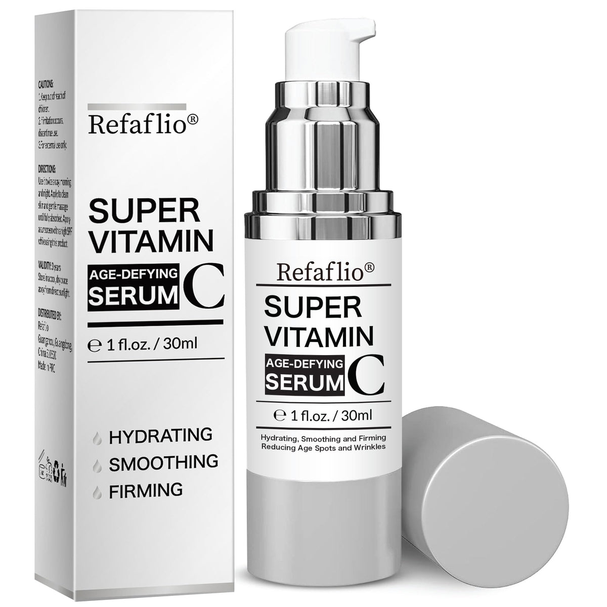 Refaflio Super Vitamin C Serum bottle pour shows easy daily application and hydration