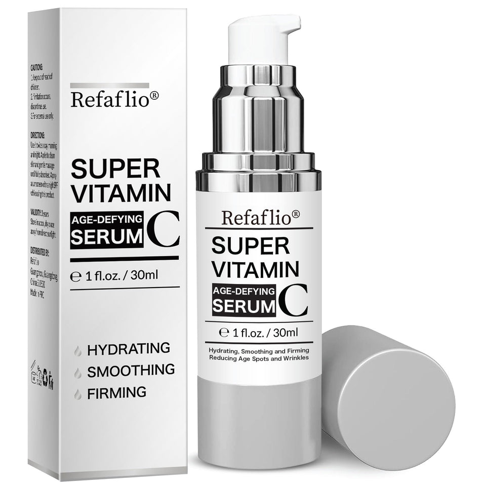 Refaflio Super Vitamin C Serum bottle pour shows easy daily application and hydration