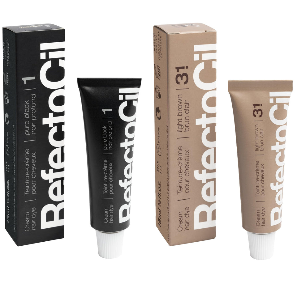 RefectoCil No.1 black dye bottle with color swatch for rich brunette results.