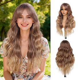 Refined Hair long wavy honey blonde wig with bangs for daily styling