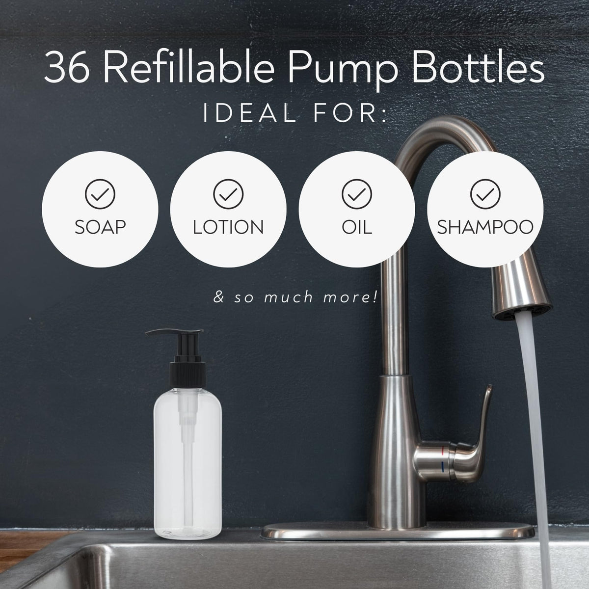 REGAR locking pump dispenser on clear bottle helps prevent leaks during travel.