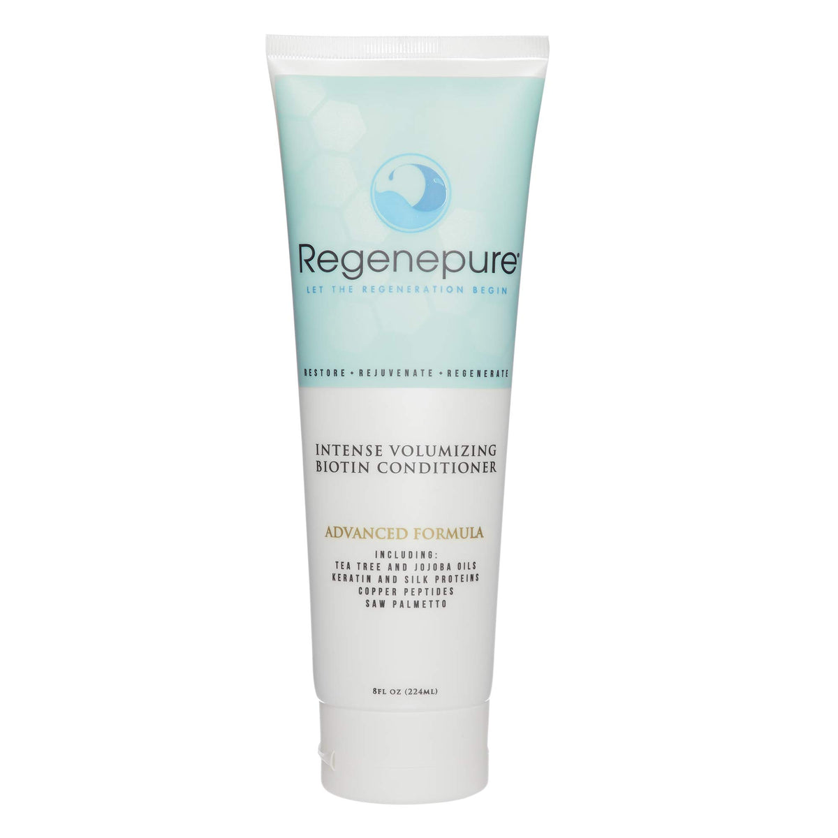 REGENEPURE Intense Volumizing Conditioner bottle shows biotin-rich formula for fuller-looking hair.