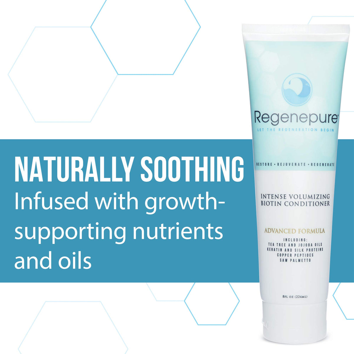 REGENEPURE Intense Volumizing conditioner ingredients copper-peptides panel hints at nourishing support.