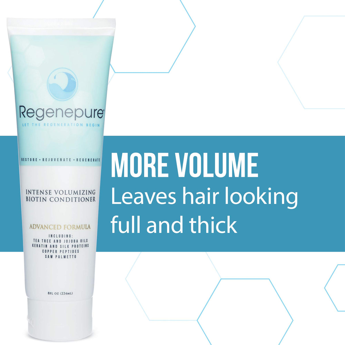 REGENEPURE Intense Volumizing conditioner ingredients tea-tree close-up emphasizes refreshing scalp care.
