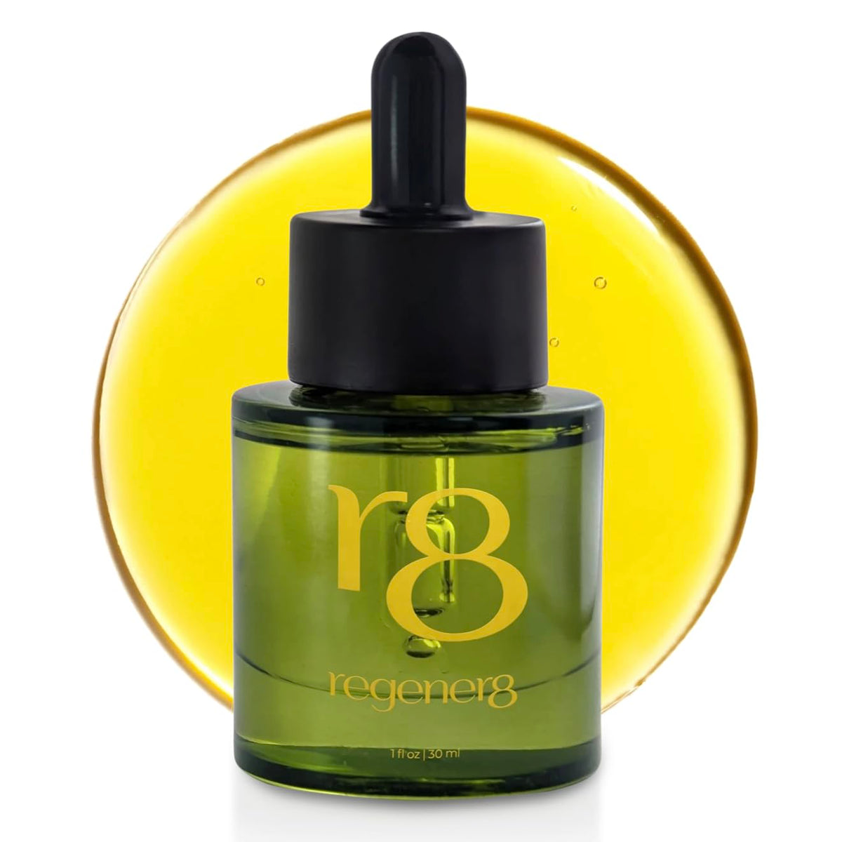 Regener8 hair oil bottle close-up promoting nourishing scalp care.