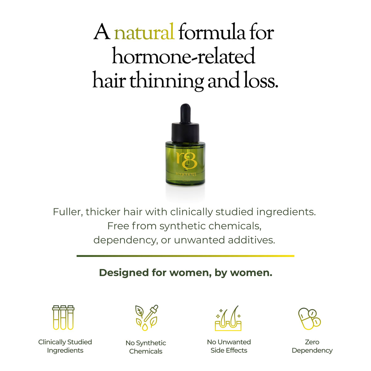 Regener8 dropper pouring oil for scalp nourishment and ease.
