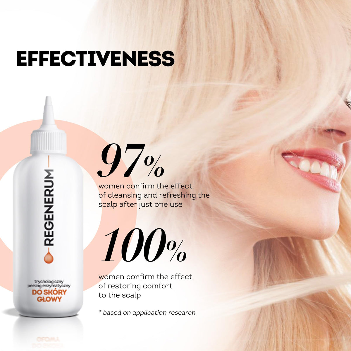 Regenerum hair after-use shine and smoothness visualizing lifted, healthier-looking hair.