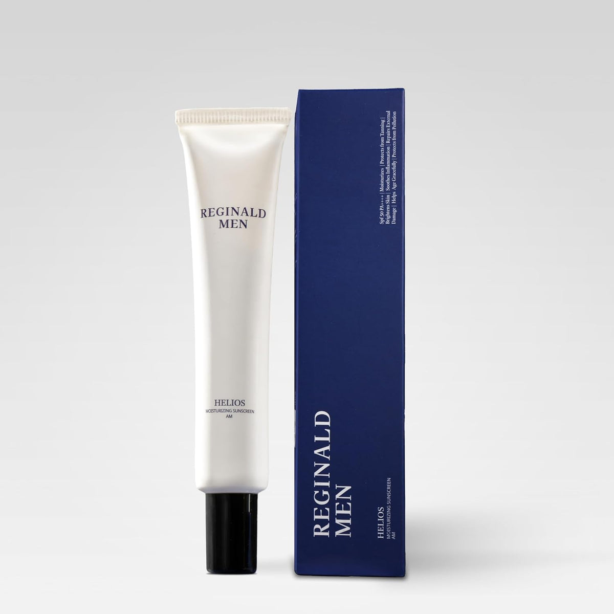 Reginald Men Helios sunscreen bottle provides SPF 50+ PA++++ protection and hydration.