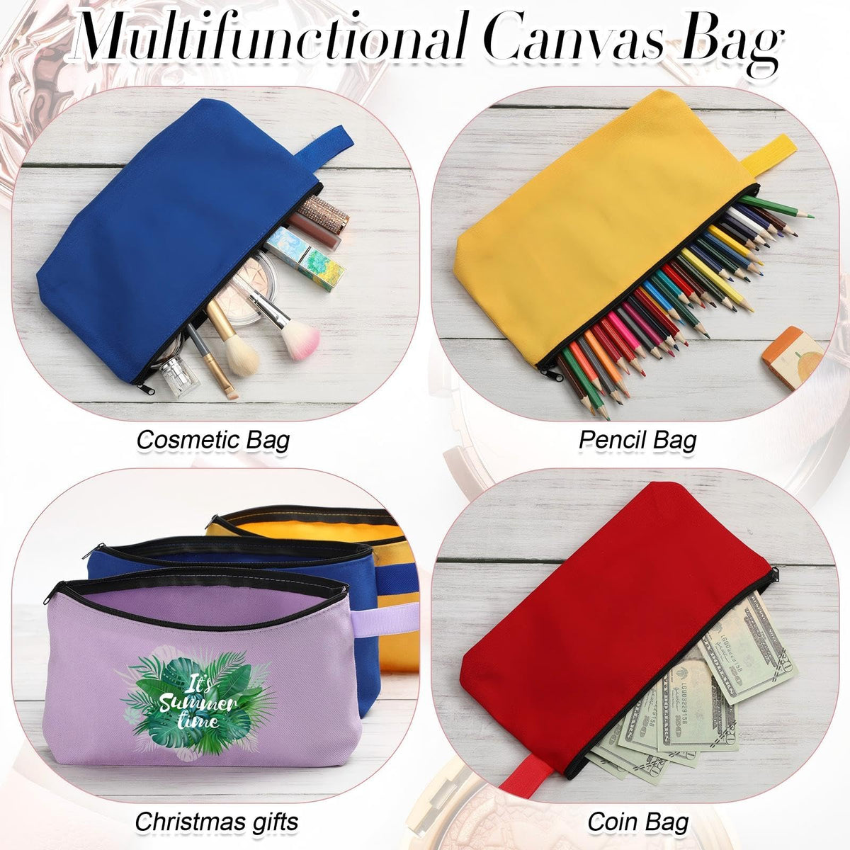 Reginary canvas makeup bag with a sturdy zipper keeps items secure.