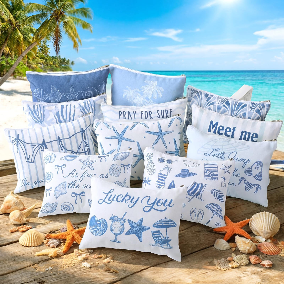Reginary coastal cowgirl makeup bag seashell design in blue ideal for everyday carry